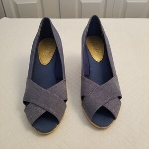 Chaps blue denim espadrille shoes wedge heels size 9B